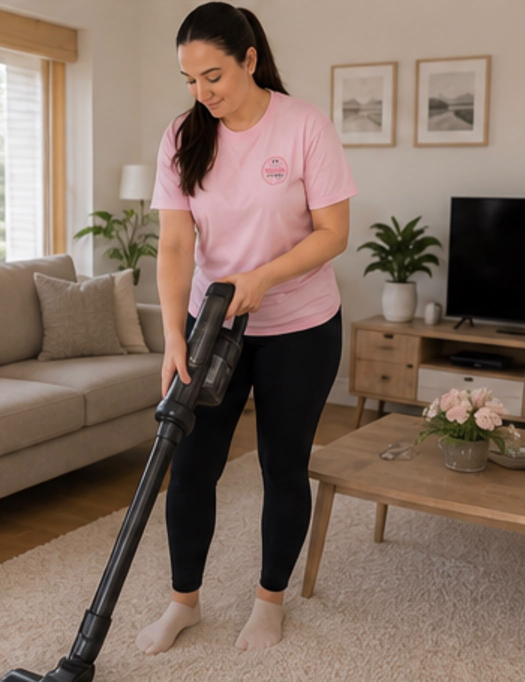 A Mums With Mops cleaner in a pink branded t-shirt vacuuming a living room